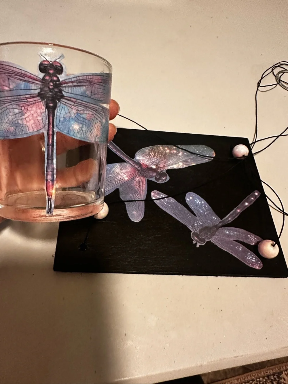 Hand crafted dragonfly floating hanging shelf with glass cup